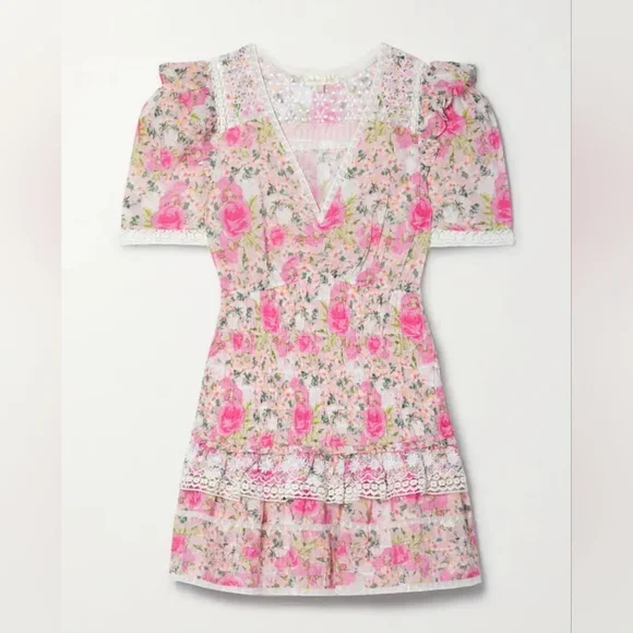 LoveShackFancy Rena Crochet-Trimmed Shirred Floral-Print Cotton-Voile Mini Dress - Picture 1 of 10